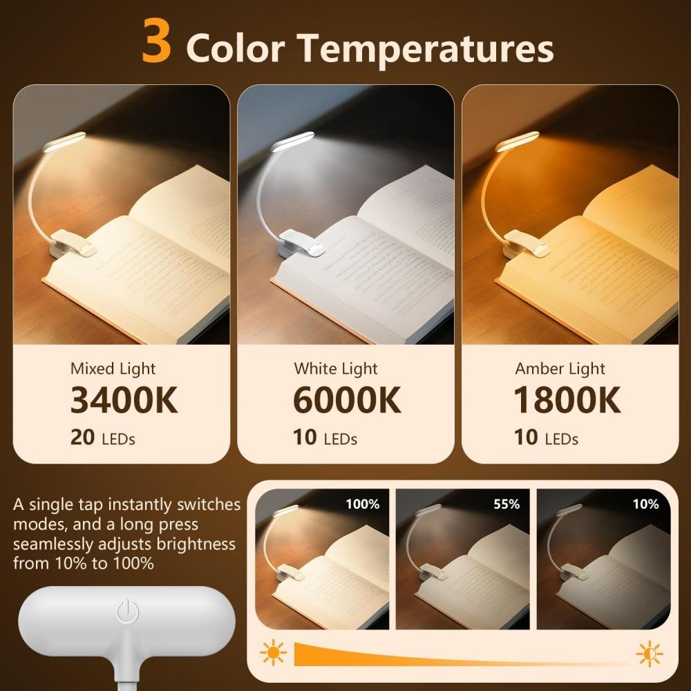 USB Rechargeable 20 Led Clip On Book Light Adjustable Brightness Reading Light Portable Read Light Kids Book Lamp Night Light