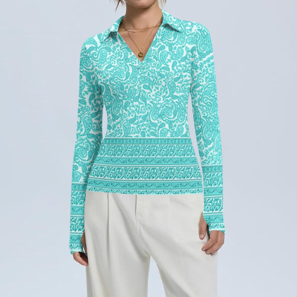 Women's Fashion Casual Print V-Neck Long Sleeve Button-Down Top