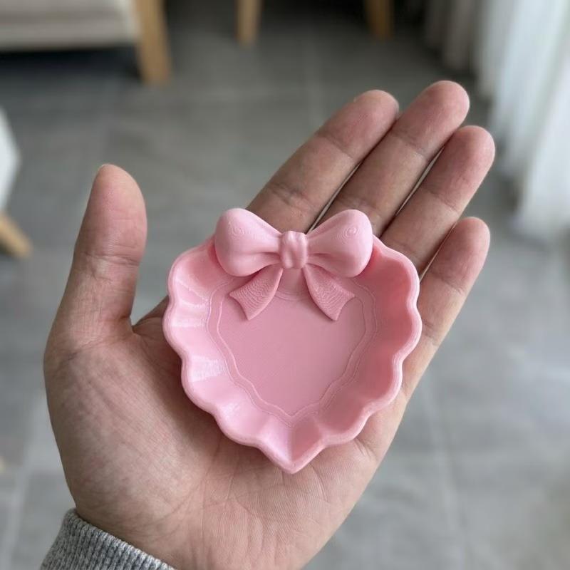 Heart-Shaped 3D Printed Jewelry Tray With Pink Bow, Elegant Decor For Table, Sink & Office Desk, Perfect For Jewelry Storage
