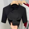 Stand-up Collar Middle Sleeve Chinese Style T-shirt Women's New Women's Solid Color Threaded Half-sleeved T-shirt Retro Button Top