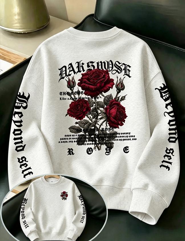 Dark Rose Hoodie Unisex Oversized Pullover Back Sleeve Gothic Red Rose Print Sweatshirt Punk Streetwear Autumn Long Sleeve