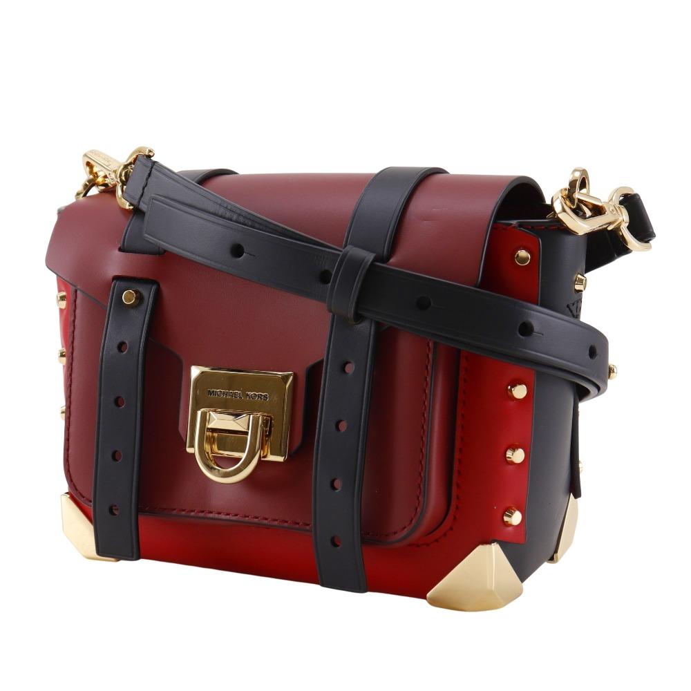 Michael Kors Manhattan Small Shoulder Bag Studs Color Block Red Leather Women Used