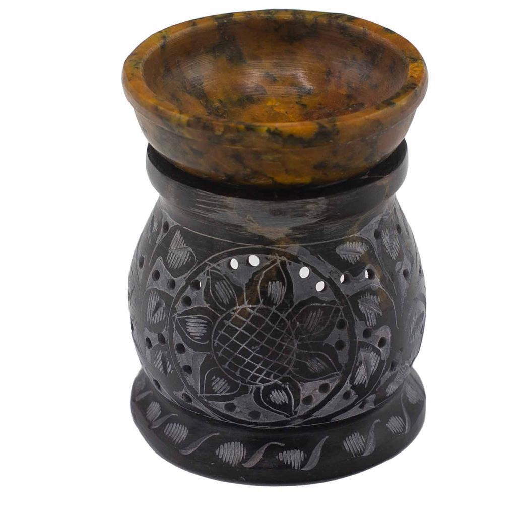 Oil Burner Soapstone 10cm Mandala Flower Black Yellow