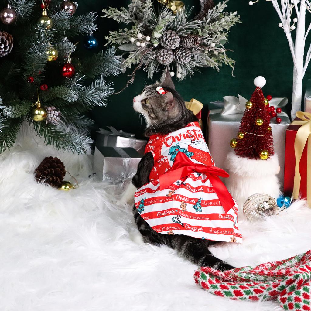 Dog Happy Christmas Dresses Striped Puppy Clothes with Cute Gingerbread Printed Beautiful and Comfort Costume with Bowknot Chr
