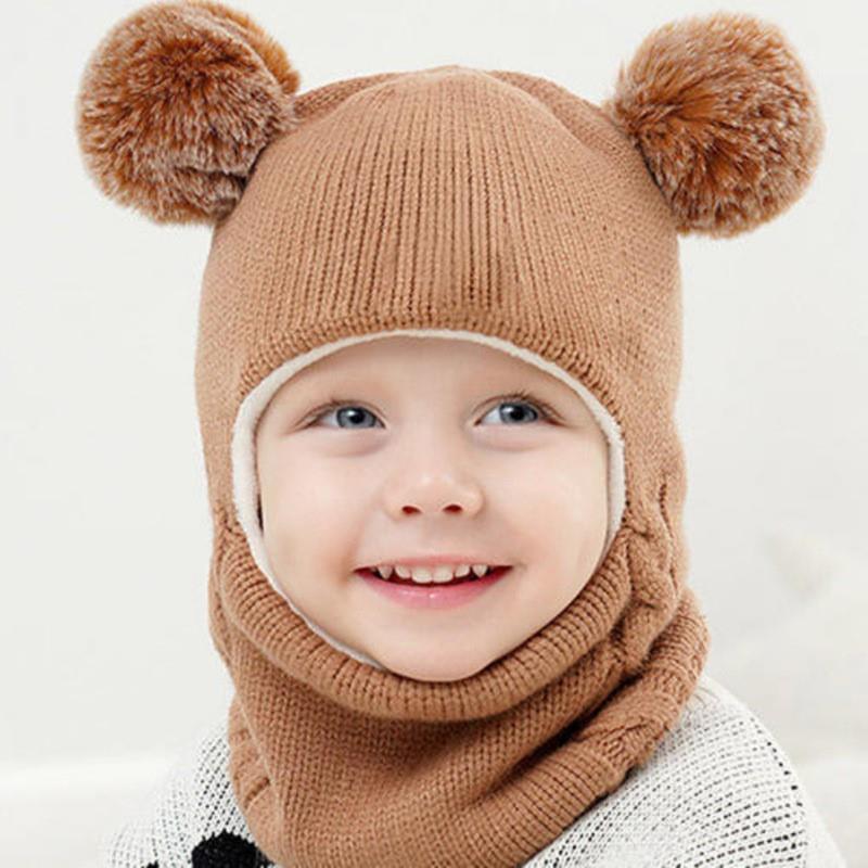 Зимний набор: шапка и шарф для детей 1-4 лет - Милый вязаный медведь с ушками, Теплая мягкая встроенная шапка, Моющийся аксессуар для малышей