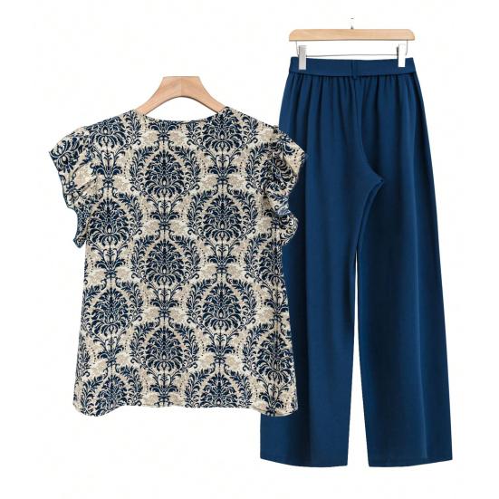 Комплект из 2 предметов: женский топ и брюки, круглый вырез, ретро-принт, короткие рукава, блузка, широкие брюки с эластичной резинкой на талии, повседневный свободный наряд для бабушки