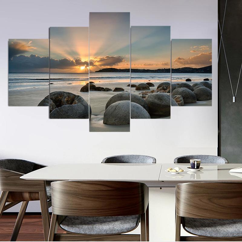 5 панелей Морской пейзаж Морской большой круглый камень Красочное небо Холст Картина Плакаты и принты Настенная картина Домашний декор без рамки