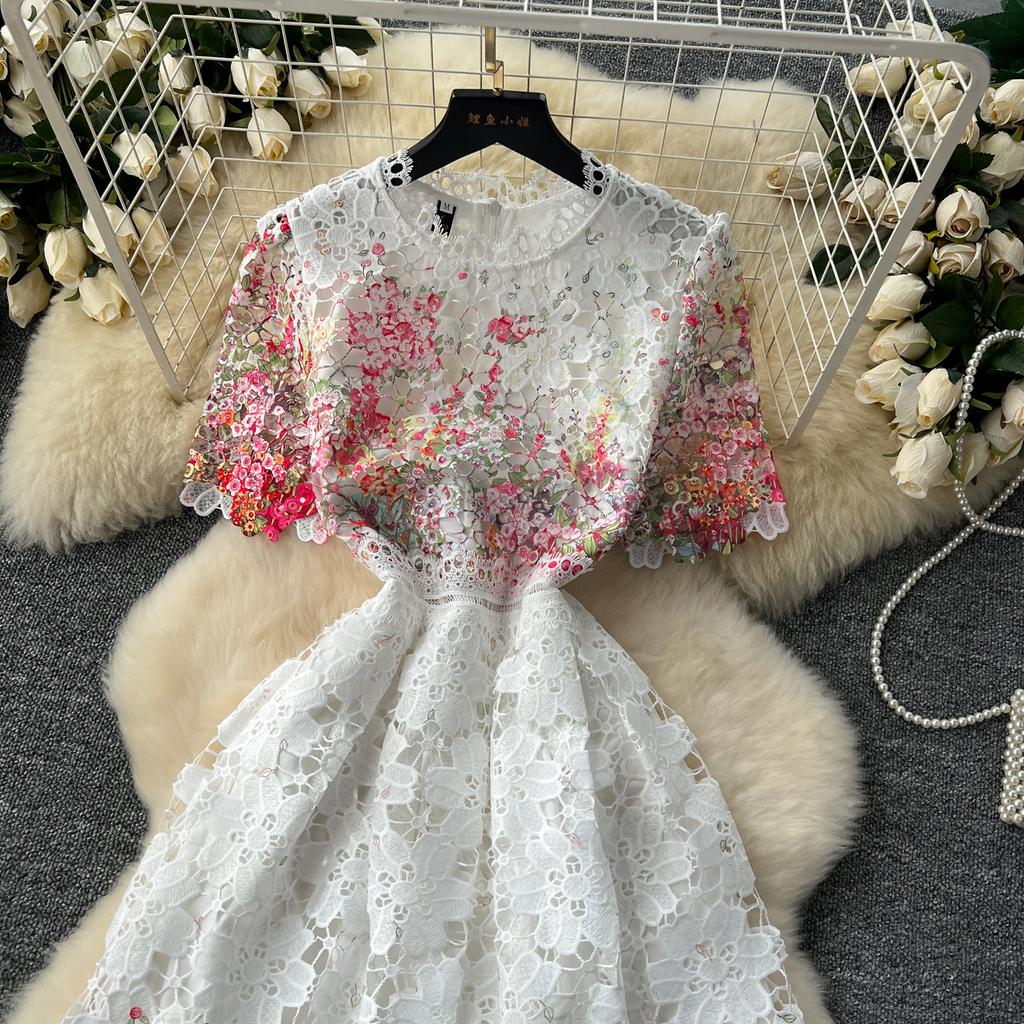 Элегантное длинное платье French Chic для женщин, вязаное крючком, ажурное кружевное, цветочное, женское платье с круглым вырезом, с коротким рукавом, Vestidos, дропшиппинг