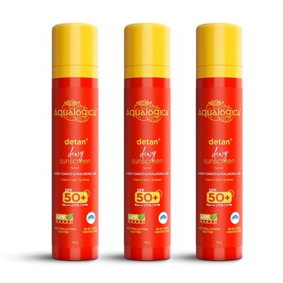 Aqualogica Солнцезащитный крем Detan+ с эффектом сияния, легкий, SPF 50+ PA++++ для удаления загара и всех типов кожи - 50 г, упаковка 3 шт.