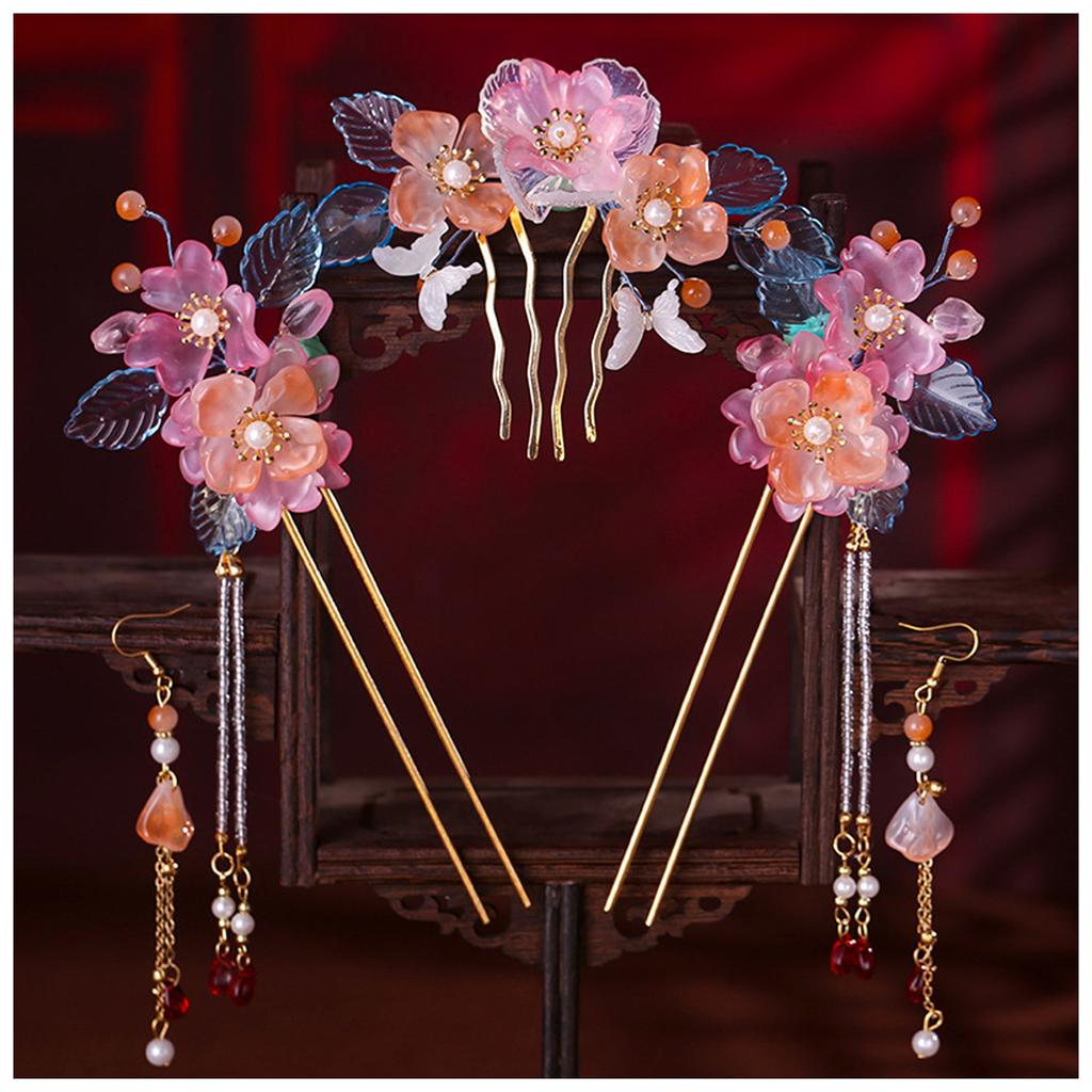 Han Chinese Clothing Hair Crown Hairpin Glazed Flower Decor Crystal Vintage Headpiece for Han Cloth Matching Hair Accessory