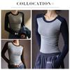 Womens Long Sleeve Crew Neck T-Shirt With Colorblock Seam Detail Slim Fit Cotton Blend Top Winter Layering