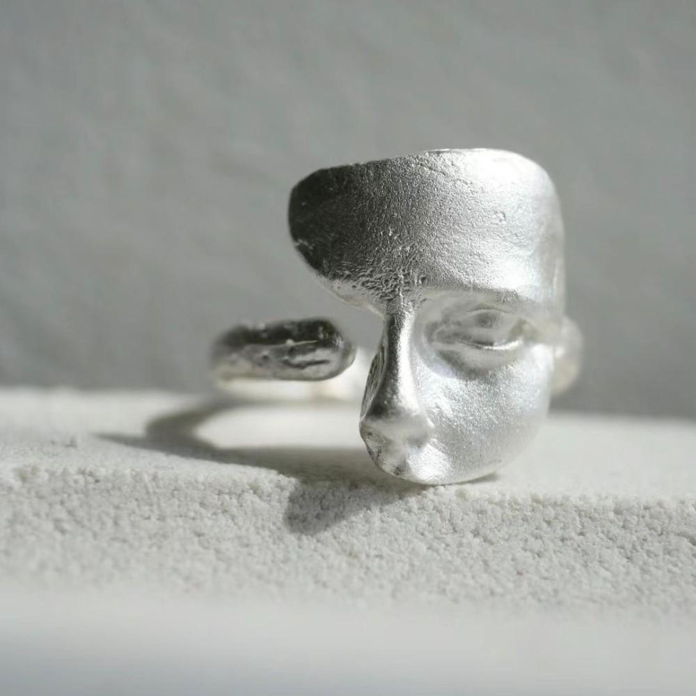 Adjustable Open Rings Metal Silver Color Goth Style Ring Fashion Mystical Masked Face Ring Party