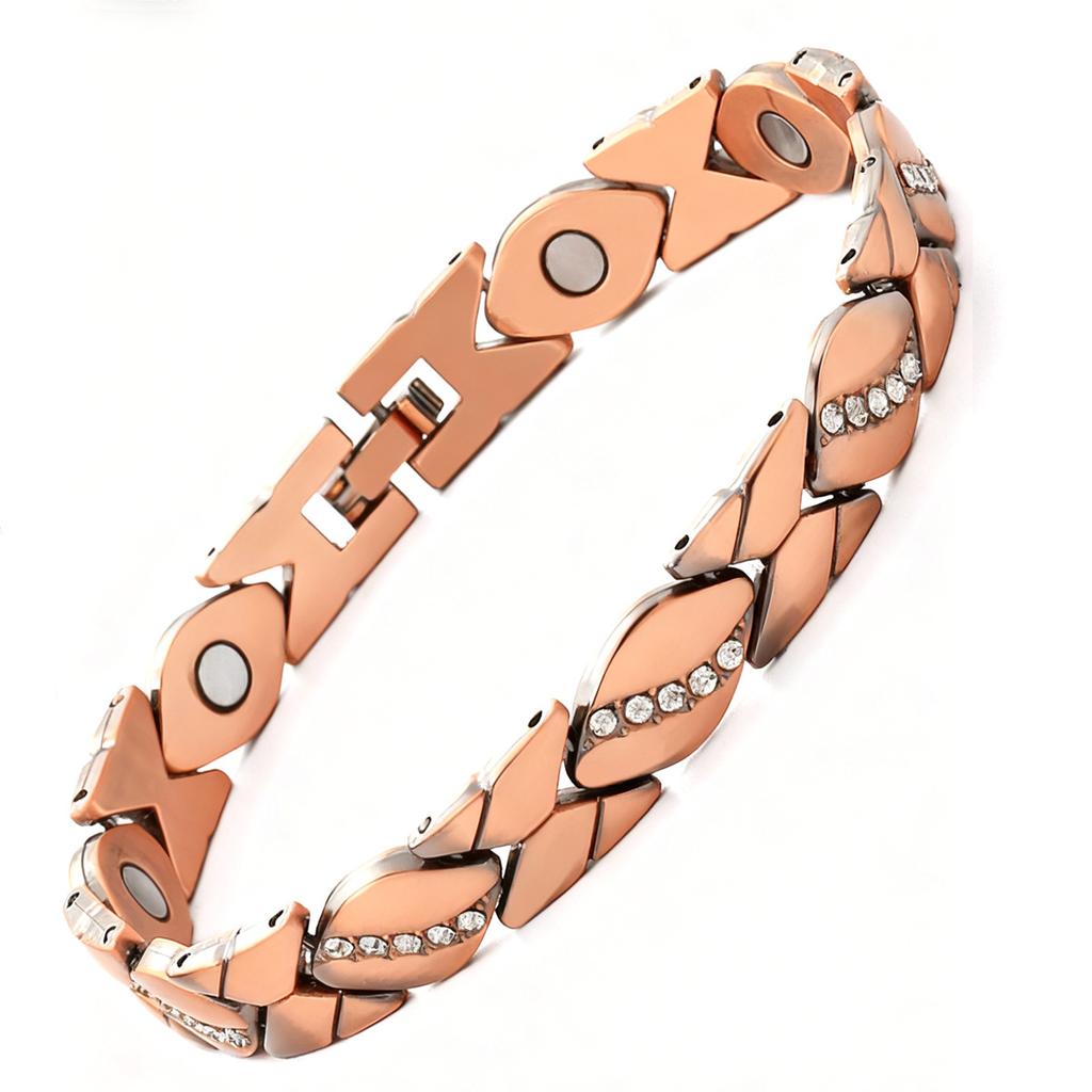 Leaf-diamond-encrusted Magnetic Bracelet, Ancient Red Copper Brushed, Adjustable Bracelet, Gift, Couple