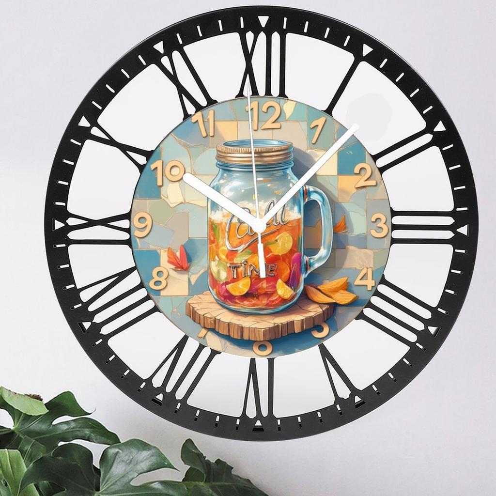 Antique Style 25cm Round Iron Wall Clock with White Roman Numerals on Black