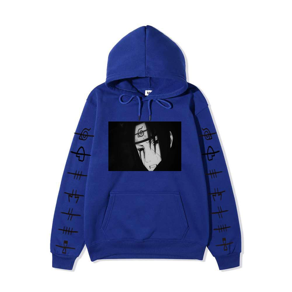 Anime Naruto Itachi Uchiha Hoodie Double Sleeve Symbol Print Character Front Print Pullover Sweatshirt Men Women Streetwear