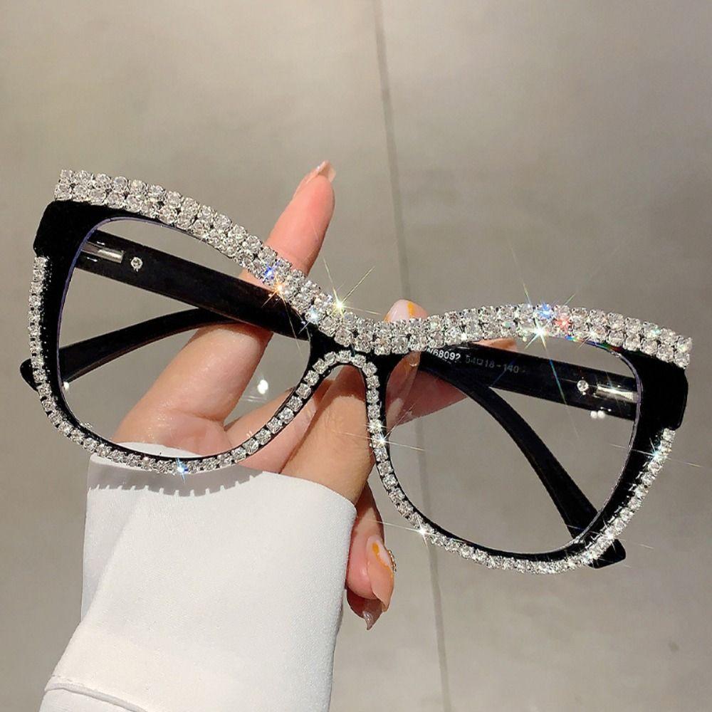 Fashion Anti-Blue Light Glasses Luxury Large Frame Eyewear Convenient Rhinestone Glasses Selfie