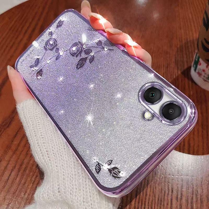 Чехол для телефона Samsung Galaxy A06, A05, A04, A04e, F04, M04 Flash Pink Flower Прозрачный противоударный защитный чехол с роскошным бриллиантовым сиянием