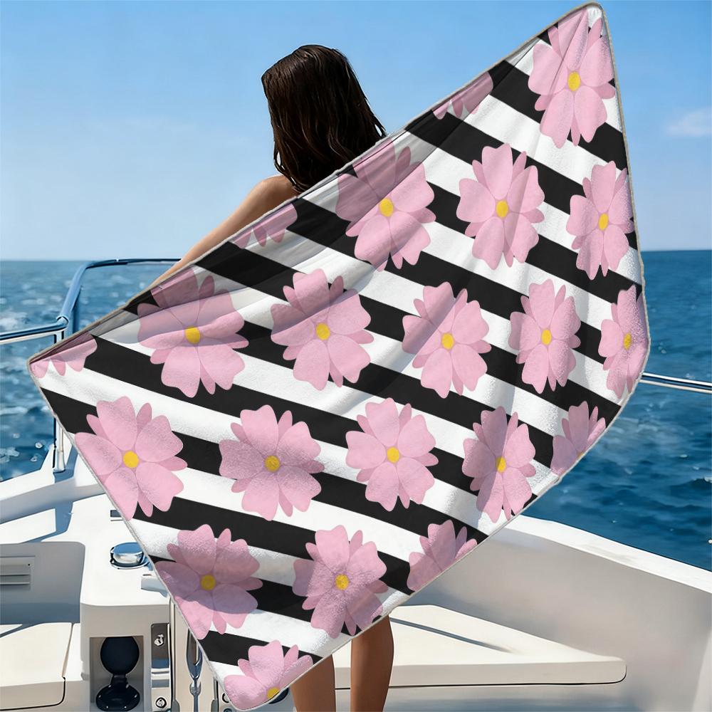 Pink Flower Diagonals Beach Towel Ultra-fine Fiber Quick Drying Absorbent Beach Swimming Vacationvacation Essentials Gifts