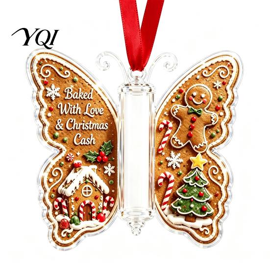 Personalized Cash Surprise Ornament Christmas Money Holder Ornament, Acrylic Hanging Decor with Vintage Festive for Family Butterfly Print,