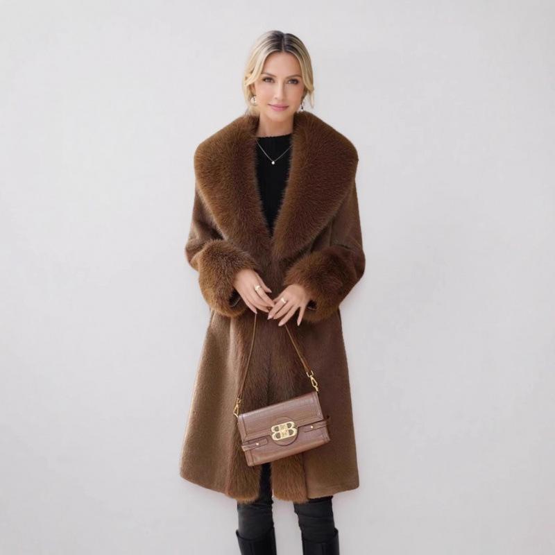 Зимнее пальто из искусственной кожи с большим меховым воротником, новая женская куртка средней длины, легкая роскошь, имитация норки, большого размера