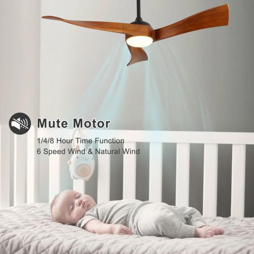 Sofucor 132 cm Ceiling Fan with LED Light, Remote Control, DC Power Supply, Timer, Solid Wood, 2 Colors Available