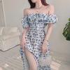 Women’s Blue Floral Summer Dress with Slit, One-Shoulder, Clavicle-Highlighting French Tea Break Style