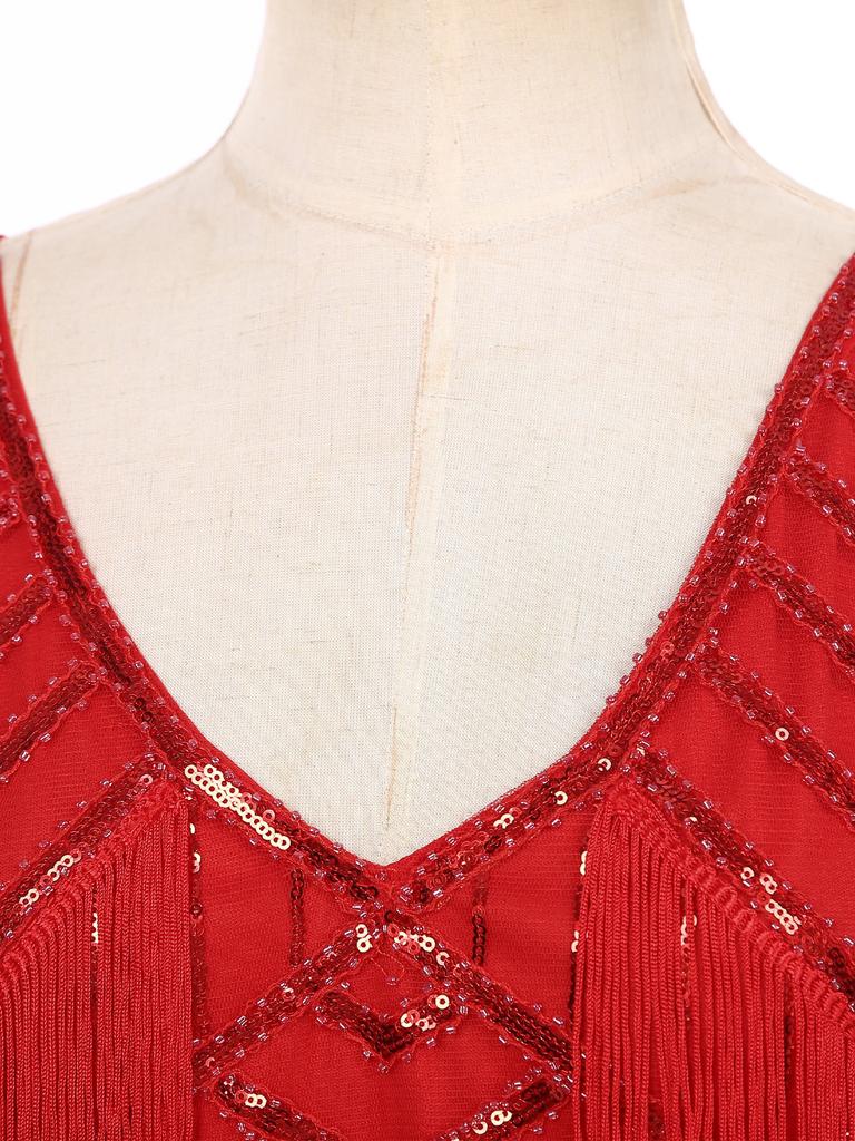 Womens 1920s Flapper Dance Dress V Neck Shiny Sequins Adjustable Spaghetti Straps Fringe Latin Party Costume