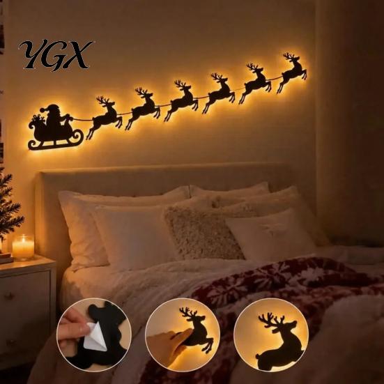 Christmas Village Wall Decor Illuminated Wooden Light Set, LED Reindeer Sleigh And Pine Trees Set Art DIY Scene with Remote Control, Peel Stick