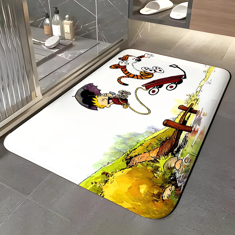 C-Calvin And Hobbes Self-adhesive Art Floor Mat Soft Flannel Entrance Door Mat Non Slip Absorbent Bathroom Bedroom Floor Rug