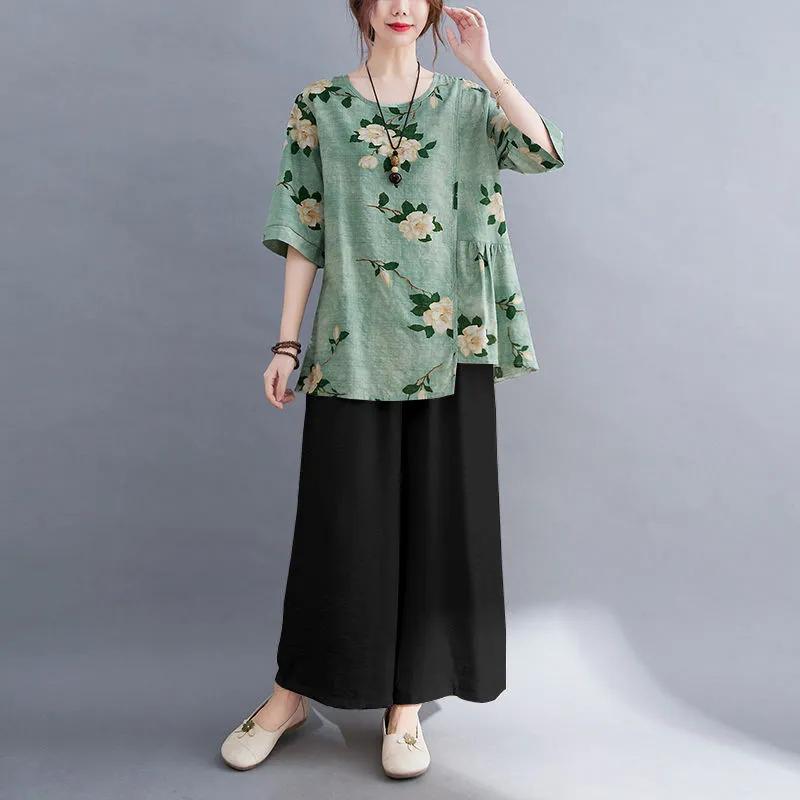 Брючный костюм женский хлопковый льняной повседневный тонкий топ с коротким рукавом удобные брюки комплект из двух предметов