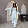 Womens 3-Piece Casual Set: Solid Color Long Sleeve Tie-Front Cardigan Spaghetti Strap Top Elastic Waist Wide Leg Pants