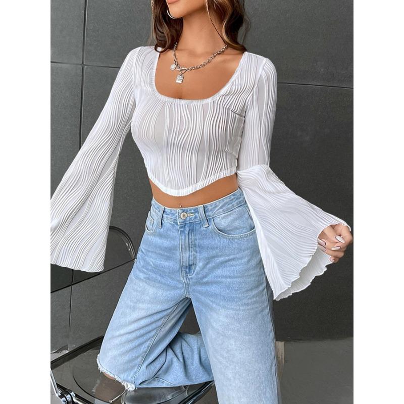 Women's New Solid Colour U-neck Exposed Navel Thin Fashion Flare Long-sleeved Top Sexy Short T-shirt
