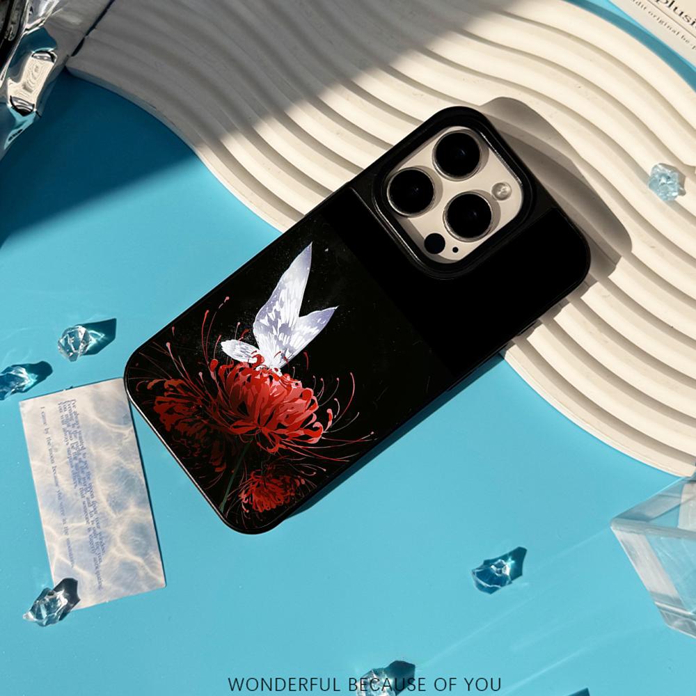 Арт Красные паучьи лилии дизайн Япония Чехол для телефона для iPhone 17 16 e 15 14 13 12 Pro Max Овечья кожа Серебристый край Защитный чехол