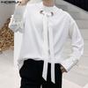 Men Mockneck Long Sleeve Shirts Oversized Loose Hollow Out Lace Up Tops