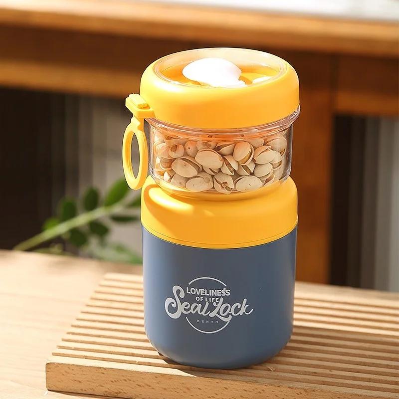 Double Layer Soup Cup Oatmeal Cup with Spoon Stainless Steel Breakfast Milk Bowl Office School Picnic Portable Food Container