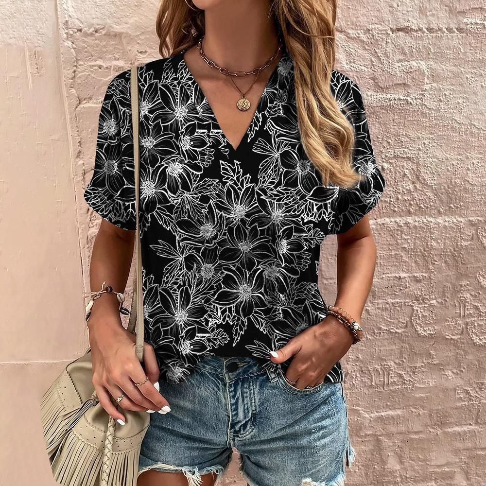 Retro Print Women's T Shirt Classic Floral Tees For Ladies Summer V-Neck Short Sleeve Tops Female Oversized Clothes Daily Blouse