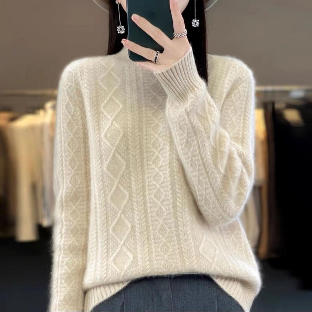 Women Half-high Neck Sweater 2025 Spring Winter New Thickened Foreign Fashion Loose Twisted Flowers Long-sleeved Knitted Bottoming Tops