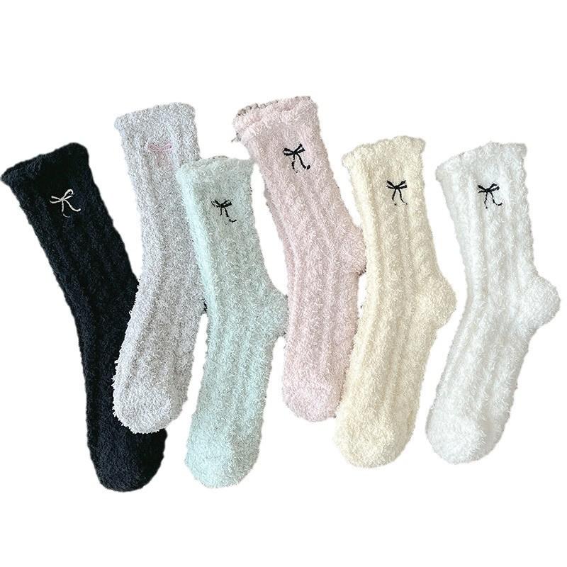 Winter Coral Fleece Socks Women'S Bow Thickened Fleece Warm Confinement Socks Medium Tube Floor Sleeping Socks Women