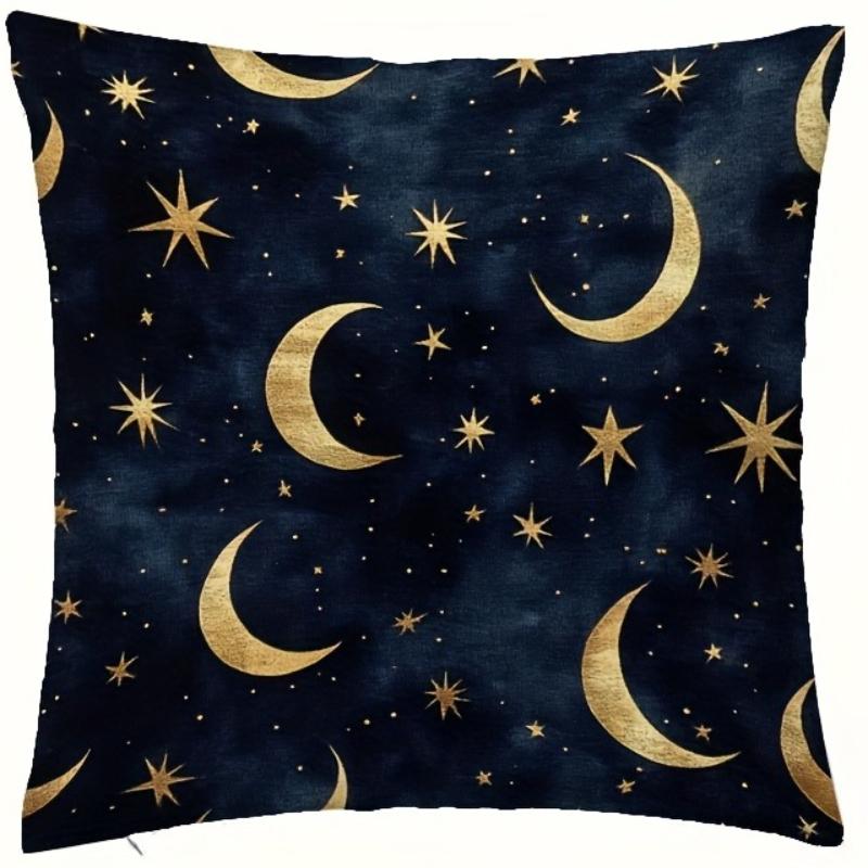 Vikama Golden Crescent Moon And Star Design Decorative Cushion Cover For Sofas Bedrooms Car Interiors - Polyester