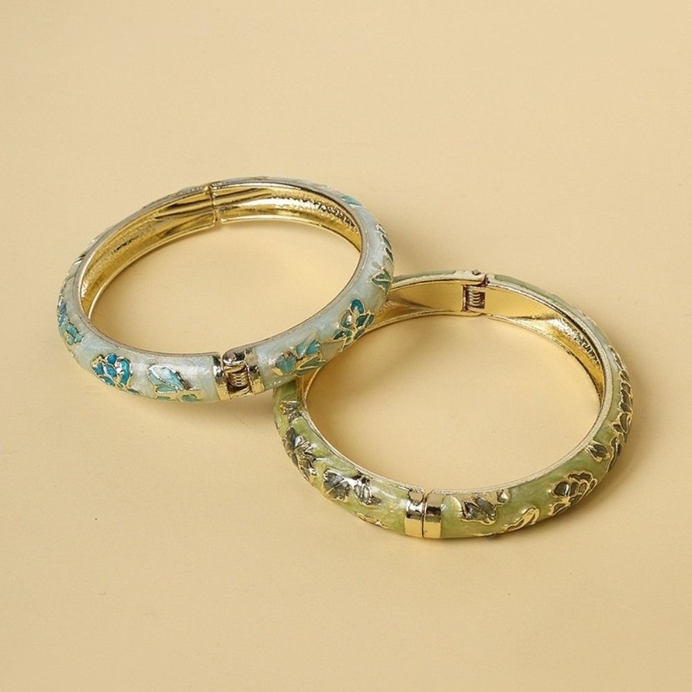 Enamel Floral Flower Leaf Bangle Colorful Women's Hand Bracelet Vintage Cloisonne Bangle Ladies