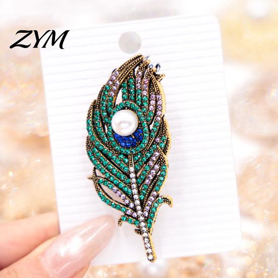 Metal Lapel Pin Vintage Peacock Feather Brooch, Faux Pearl Rhinstone Design Pin, Clothing Jewelry Accessories for Wedding Party Prom