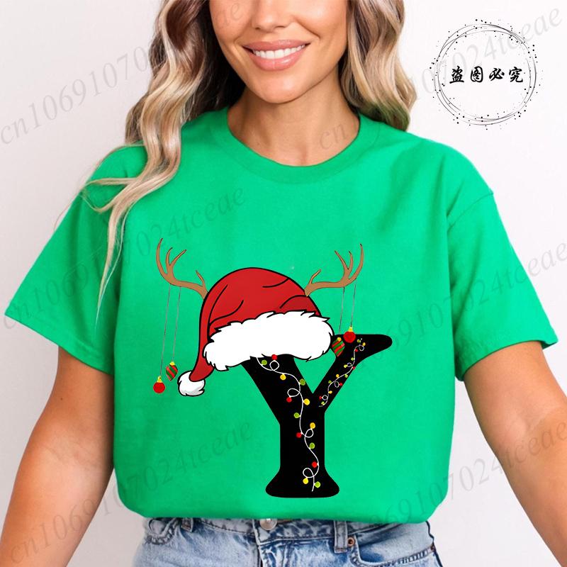 Fashion Merry Christmas Gift for Female Clothing Christmas 26 Alphabet Print TShirt for Women Casual Xmas Tees Short Sleeve Top