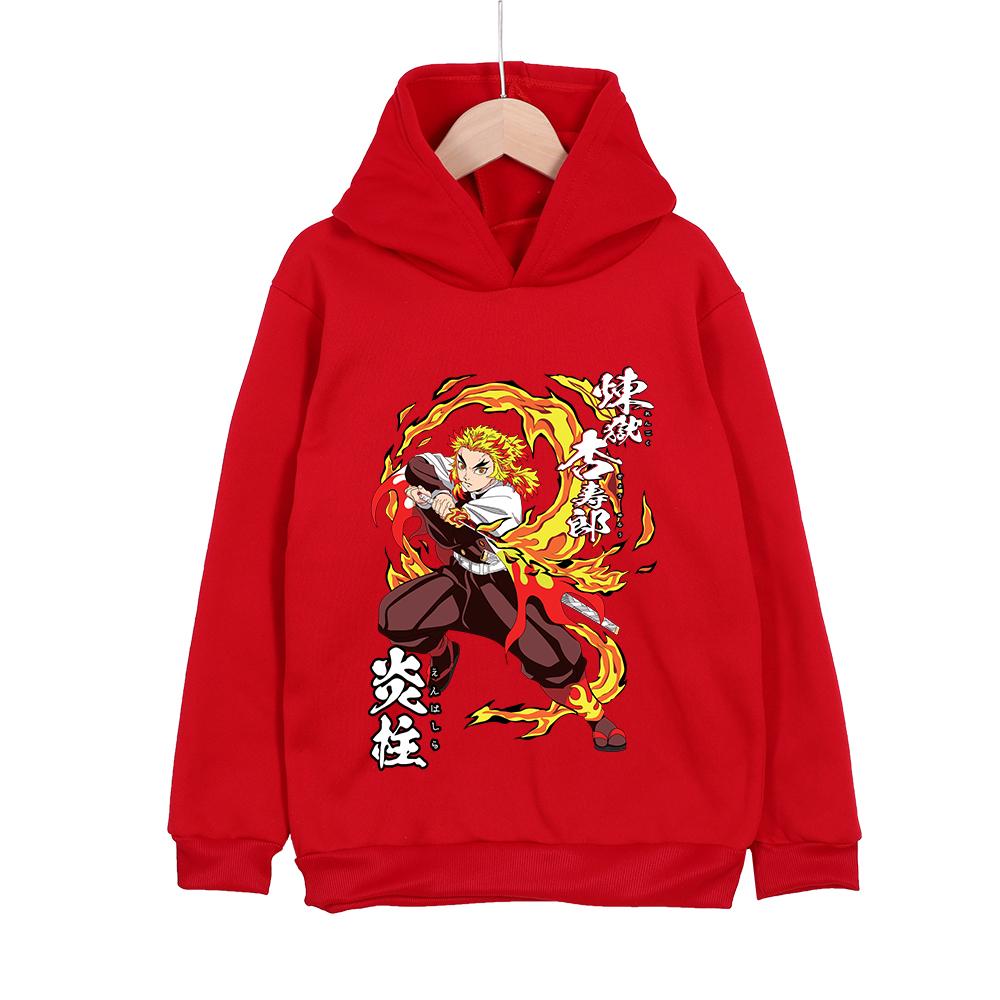 Kids Anime Demon Slayer Rengoku Print Cotton Hoodie Unisex Boys Girls Pullover Casual Tops 100-160cm