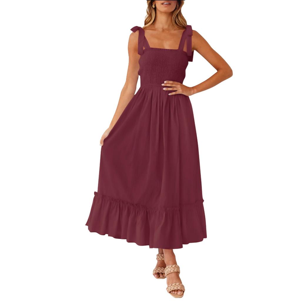 Женские модные богемные бретели с квадратным вырезом, однотонные пляжные длинные платья трапециевидной формы с рюшами