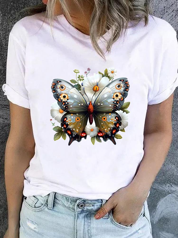 (Asian Size) O-neck Tee Clothing Butterfly Cute Lovely Top Short Sleeve T Shirt Casual Fashion Print Lady Female Women Graphic T-shirts