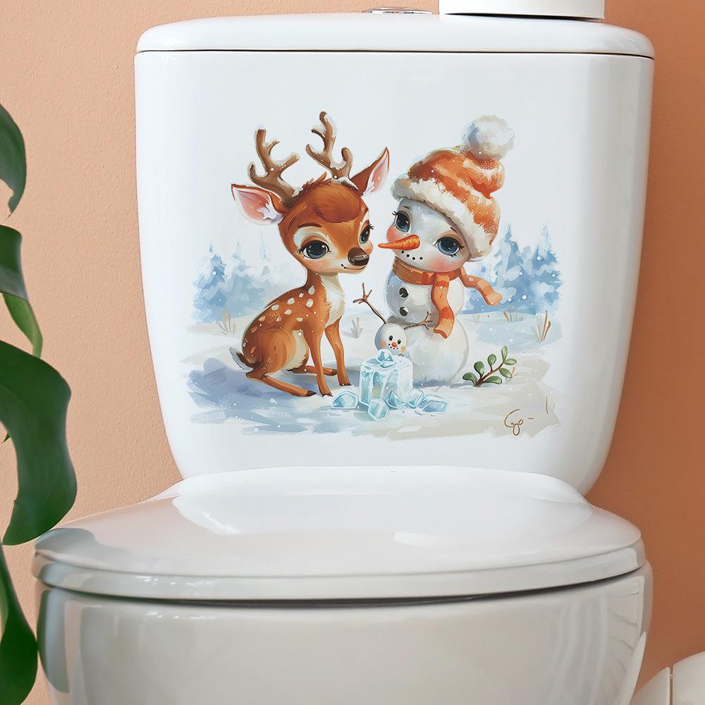 Мультфильм Sika Deer Снеговик Туалет с ванной Наклейки для украшения дома в ванной