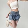 Женская джинсовая мини-юбка с высокой талией и оборками - Летняя А-силуэта облегающая с хвостом
