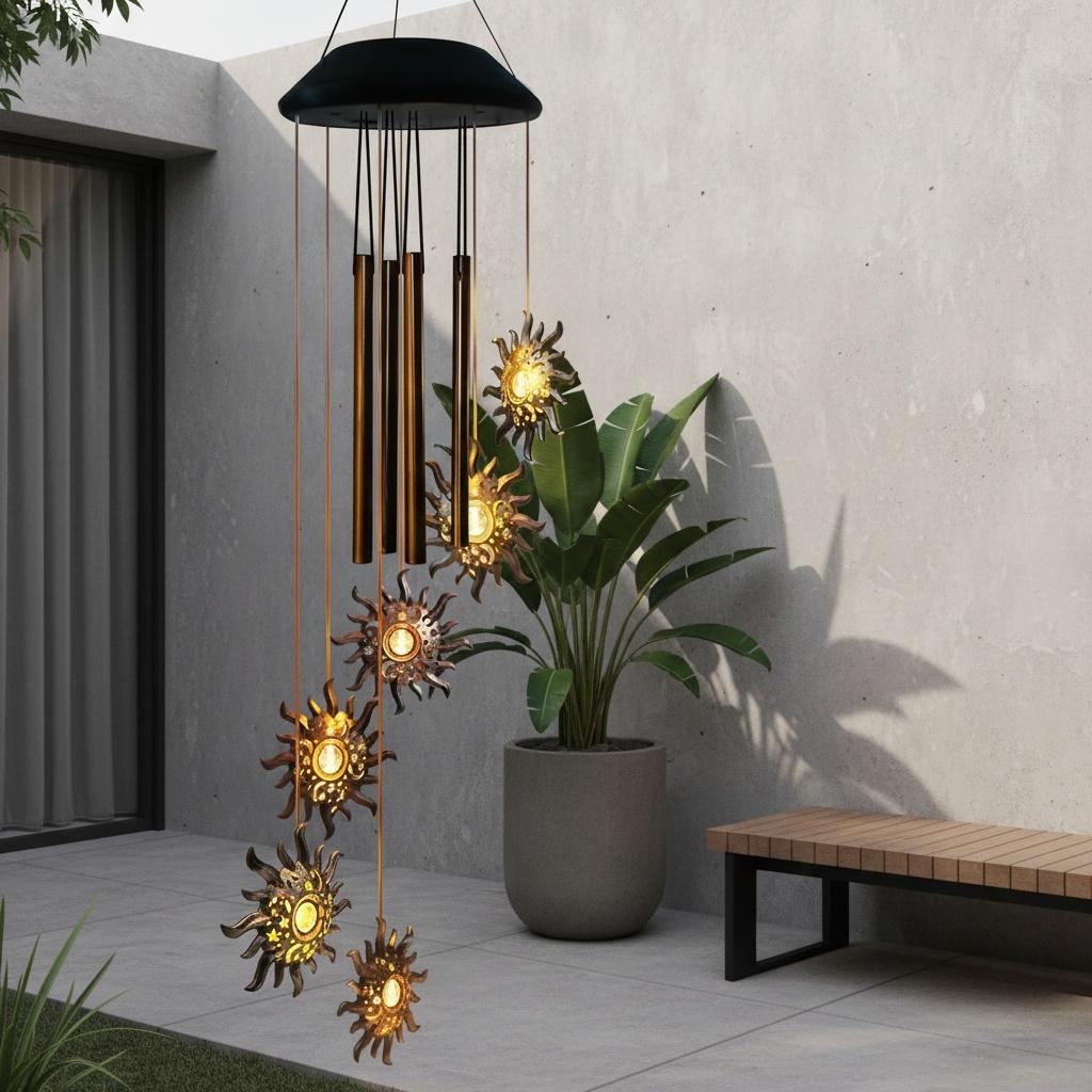 Solar wind chime with sun, moon, and stars design6Piece LED Outdoor hanging decorative lights for courtyard and garden, solar-powered wind chimes,
