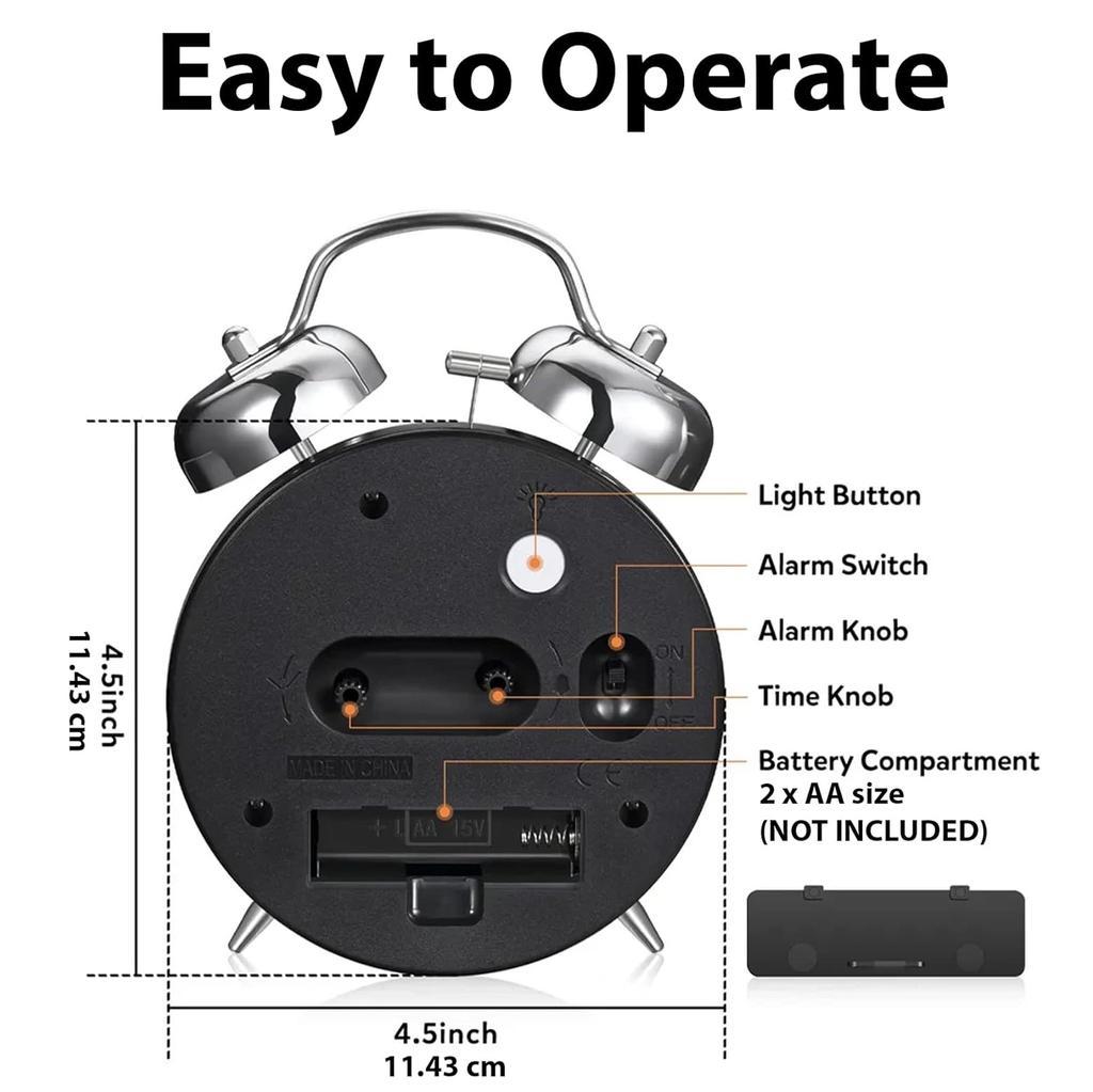 4-дюймовый металлический бесшумный нетикающий прикроватный будильник с двумя колокольчиками, винтажные настольные часы для крепко спящих людей и детей