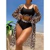 Leopard Print Scoop Neck Bikini With Long Sleeve Kimono Cover Up 3 Piece Set Swimsuits, Women's Swimwear & Clothing